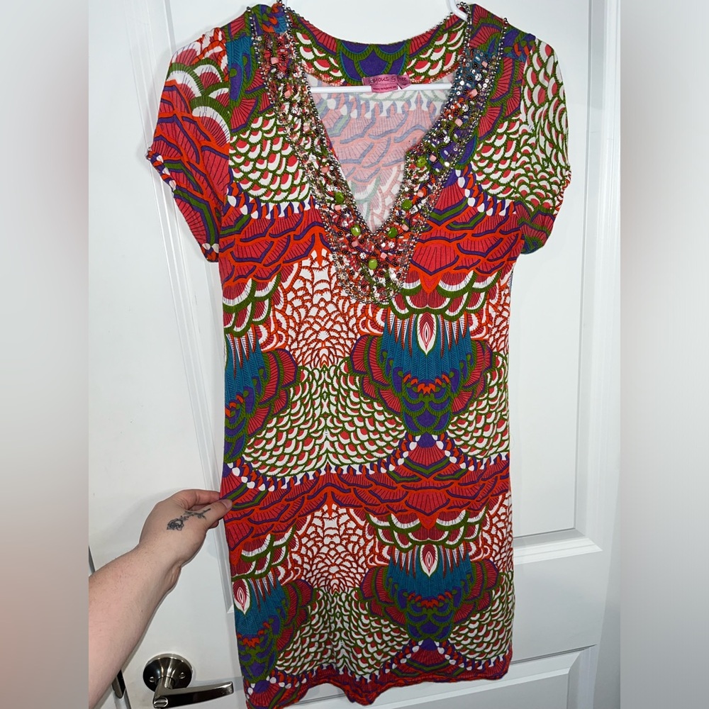 Joyous & Free Cap Sleeve Midi Dress Medallion Boho Beaded Sequins Rocks Sz Small
